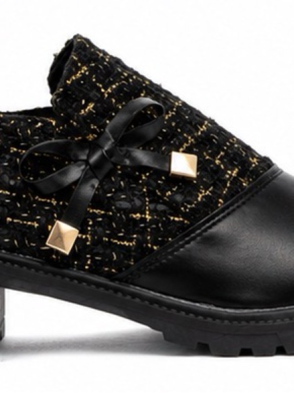 Black & Gold Tweed Chunky Heeled Loafers | Bow Detail Lug Sole Shoes